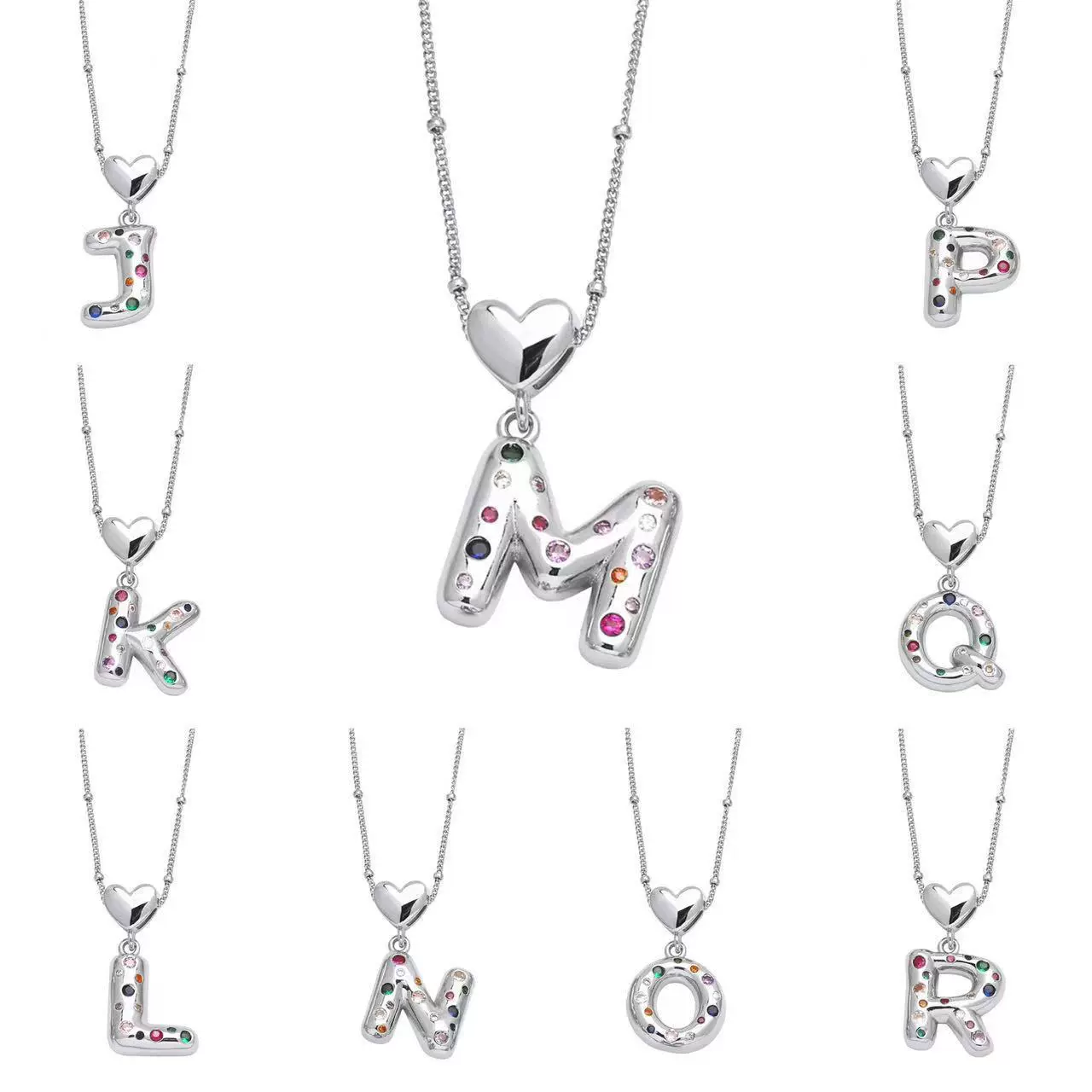 跨境小众铜镶彩色锆石爱心锁骨项链时尚百搭26个英文字母情侣项链