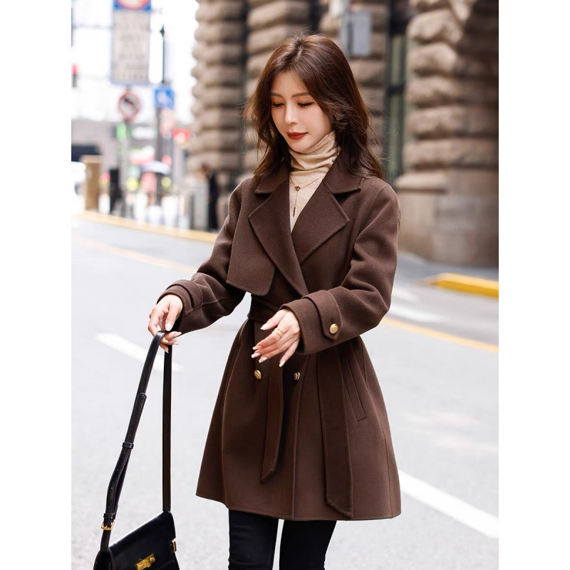 Coffee double-sided cashmere long elegant woolen woolen coat