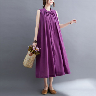 Real Shot of the New Summer Plus-Size Retro Artistic Sleeveless Dress for Fat Women, Solid Color Commuter Long Dress