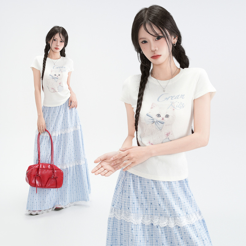 Jiyou Spicy Girl Cute Cat Print Design Short-Sleeve T-Shirt for Women 2026 Summer Round Neck Slim Fit Top