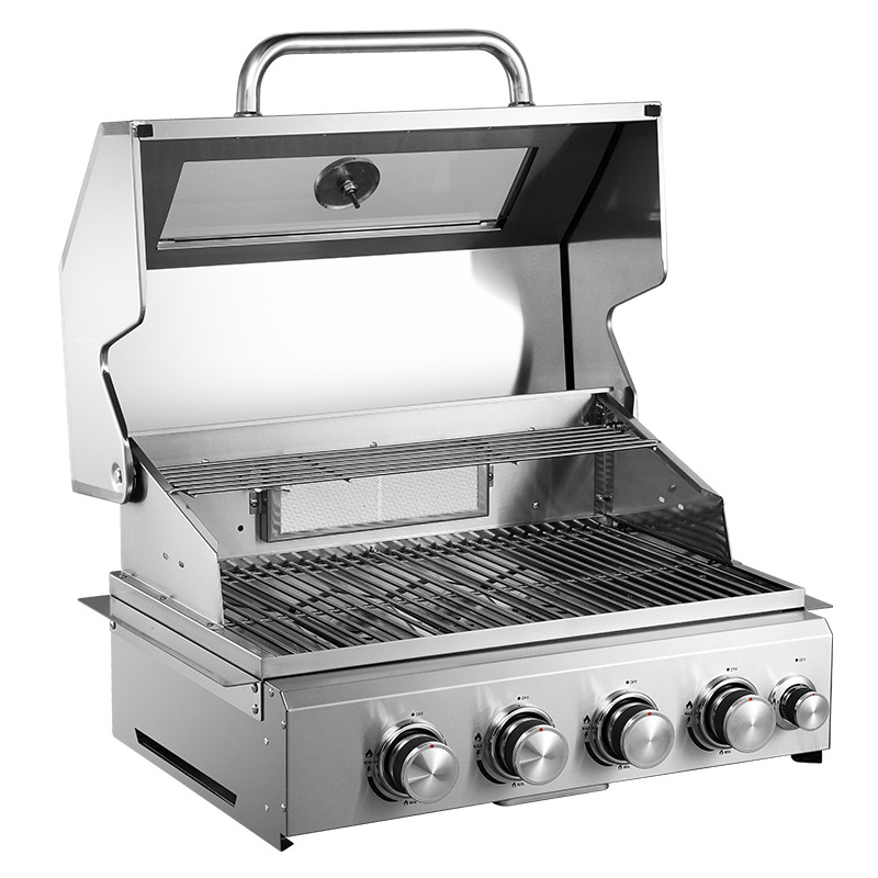 Directo de fábrica de acero inoxidable incrustado Parrilla de barbacoa al aire libre Villa humo barbacoa parrilla estufa de cuatro cabezas cubierta superior ventana de vidrio