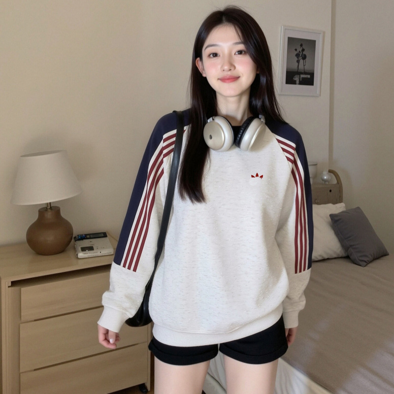 02566 Cross-border loose-fit crewneck sweatshirt, unisex, with three-leaf embroidery, suitable for spring and autumn, long-sleeved top, three-stripe design, trendy brand