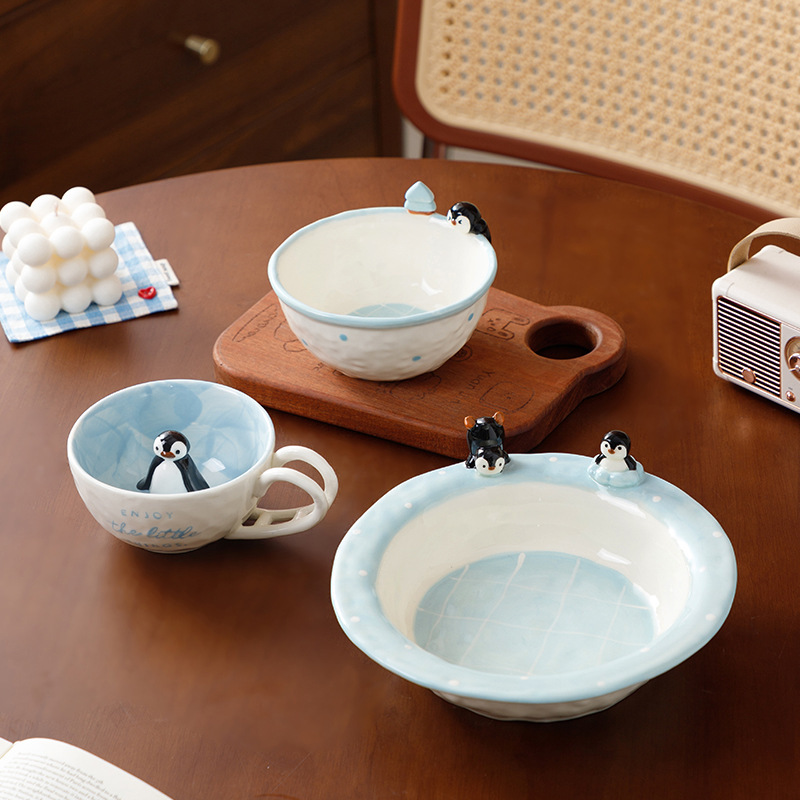 Cute and cozy winter penguin ceramic tableware set of 3 pieces for home use, suitable for breakfast and afternoon tea, for one person Cute and cozy winter penguin ceramic tableware set of 3 pieces for home use, suitable for breakfast and afternoon tea, for one person