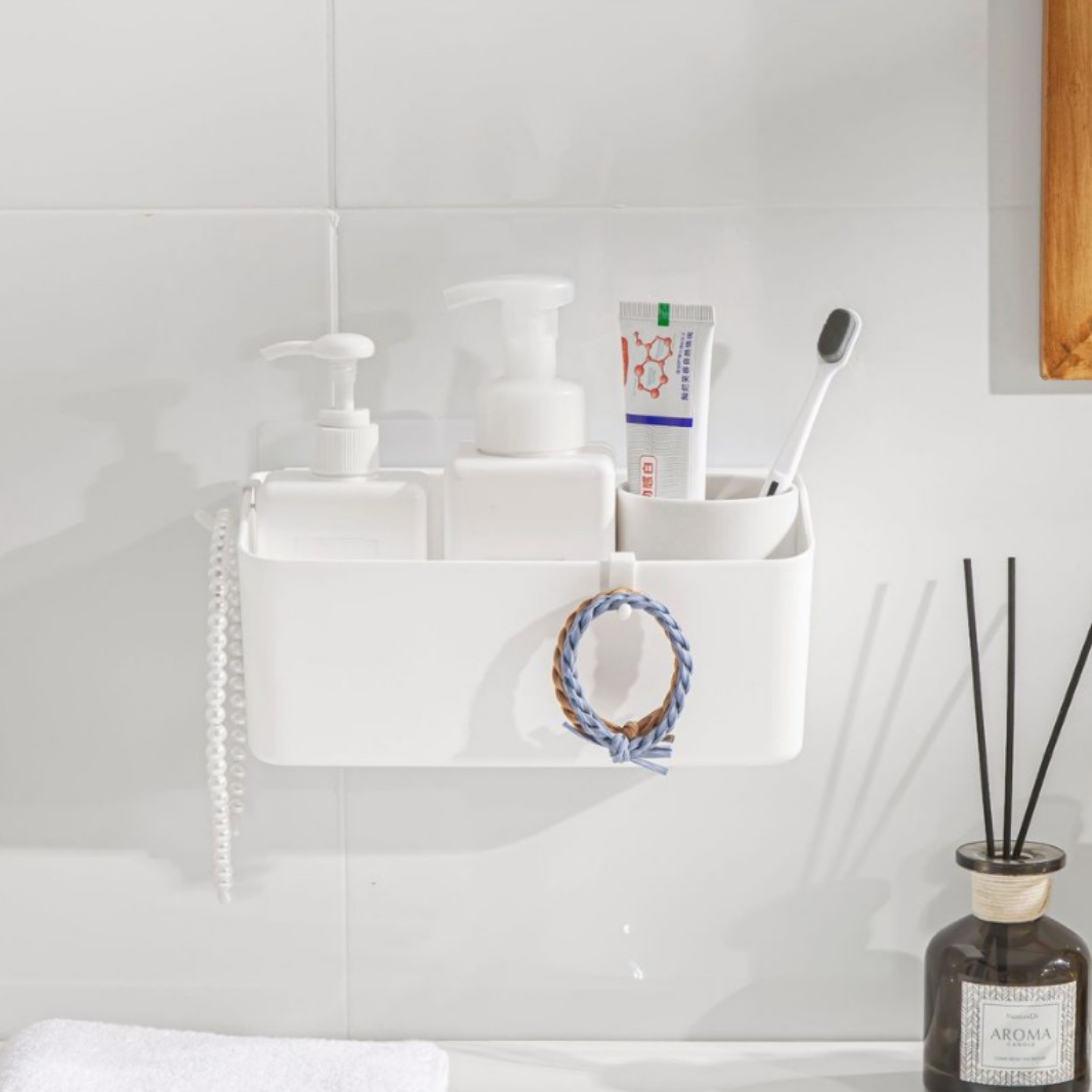 Estante de almacenamiento para baño, estante de pared sin taladro para cosméticos y artículos de aseo, estante de almacenamiento con drenaje para lavabo.