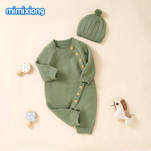 ins热卖春秋季新款婴儿针织连体纯色连帽套装爬服