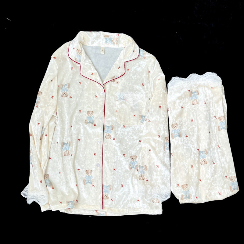 【Golden Velvet Goodnight Bear】New autumn/winter collection: golden velvet pajamas for women, long-sleeved, sweet and cute bear-themed loungewear 【Golden Velvet Goodnight Bear】New autumn/winter collection: golden velvet pajamas for women, long-sleeved, sweet and cute bear-themed loungewear