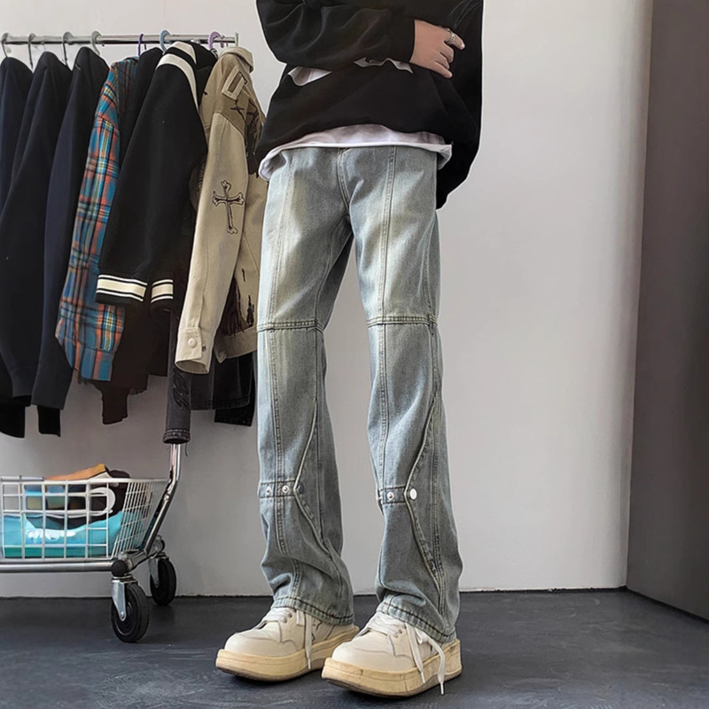 Washed Deconstructed Jeans Men's Spring and Autumn American-style Vibe Stitching Pants Trendy Brand Retro Slim-fit Straight Pants