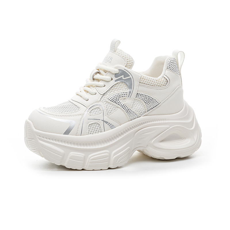 Giày sneaker dad đế dày nữ lưới thoáng khí tăng chiều cao đính đá — M2833 màu be, M2833 màu bạc