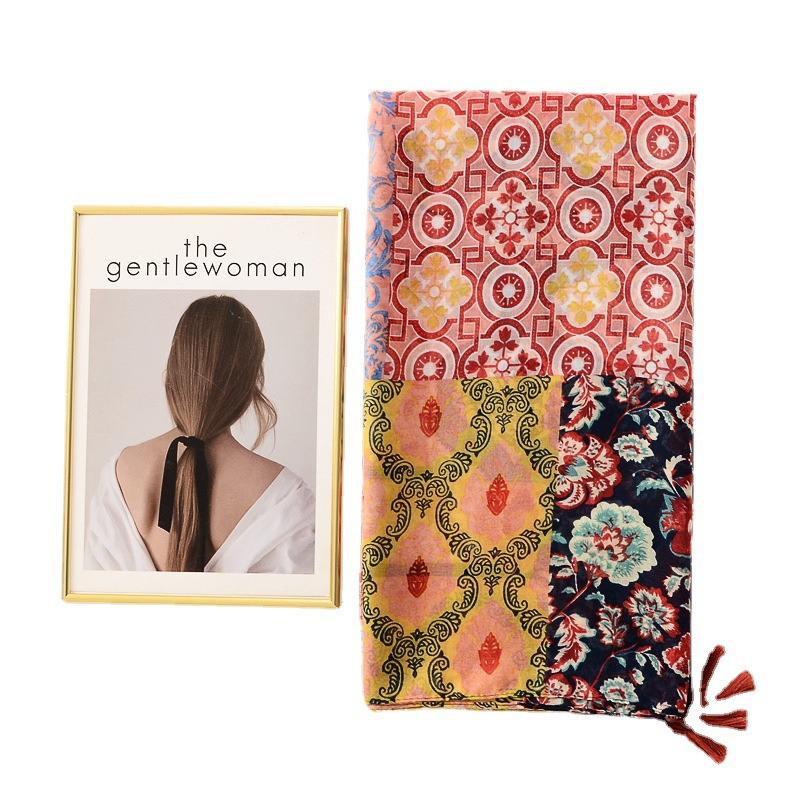 Comercio exterior nuevo estilo étnico popular costura color a juego borla bufanda de seda decorativa algodón y lino sensación bufanda protector solar Toalla de playa