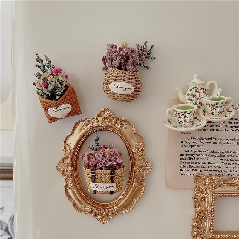 Refrigerator Magnet French Retro Decorative Flower Dried Flower Stereo Real Flower Basket Magnetic Sticker Photo Ornament One Piece