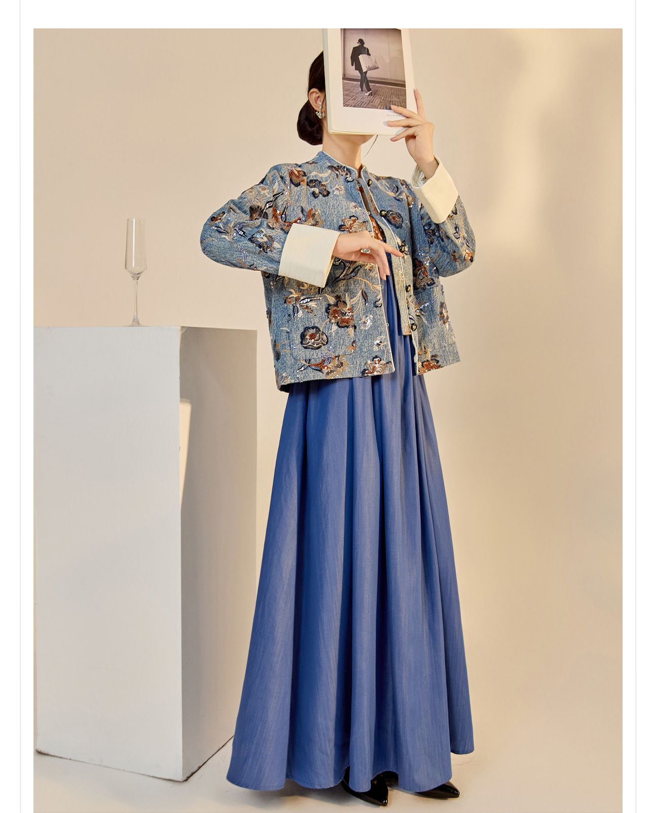 Váy yếm denim phong cách Trung Quốc mới, thiết kế jacquard nhuộm sợi cao cấp, dáng suông — màu nâu, màu xanh lá cây chi tiết 14