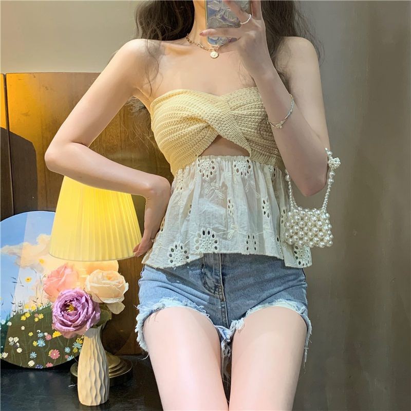 2026 European and American style Amazon new style knotted hollow embroidery patchwork strapless bandeau knitted women's sweater