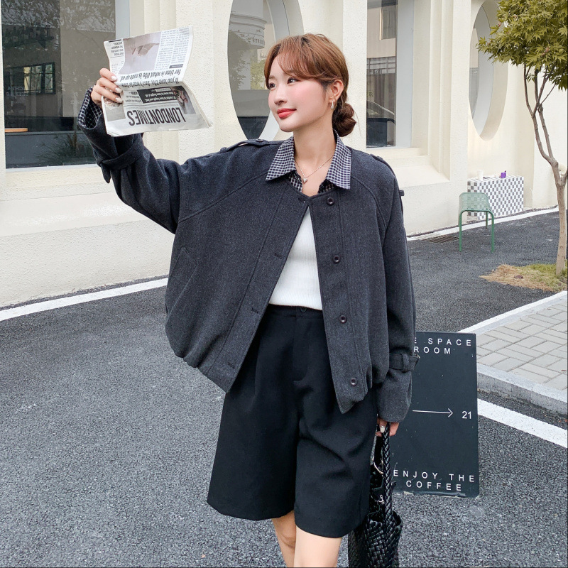 实拍假两件格纹拼接淡人穿搭灰色毛呢外套女冬新款小个子呢外套潮