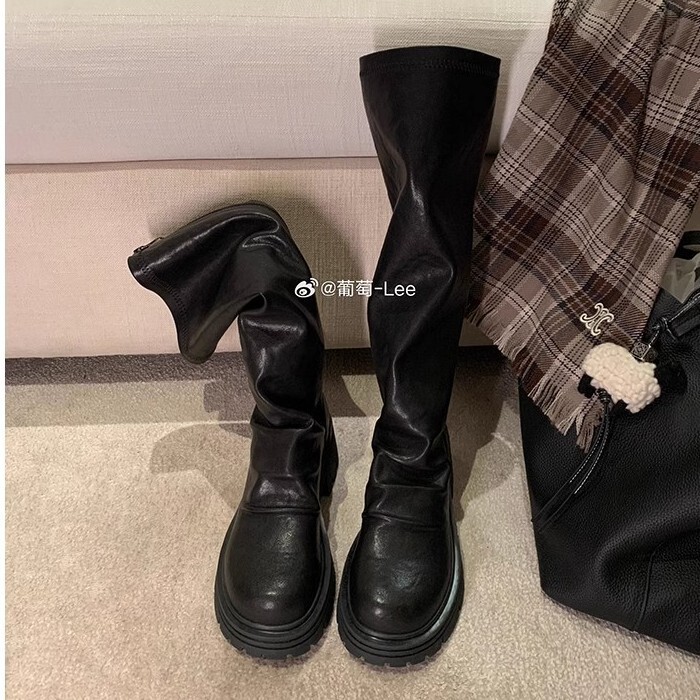 牛皮葡萄妈同款真皮厚底褶皱堆堆靴女粗跟高筒靴子弹力瘦瘦长筒靴|undefined