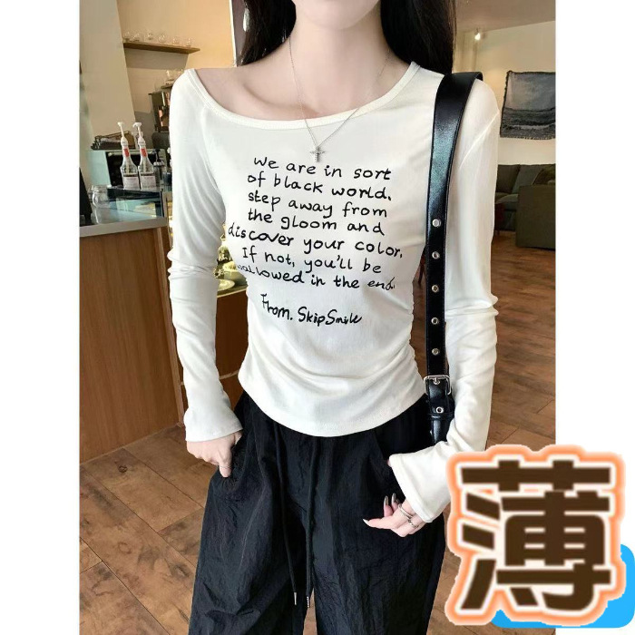 斜肩一字领长袖T恤打底衫女早秋新款字母印花收腰褶皱内搭上衣|undefined