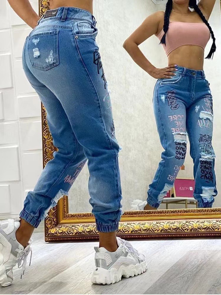 Women's Skinny Jeans Letter Print Ripped Washed Retro Relaxed Everyday Wear Comfortable Feshion_ecoleips.com