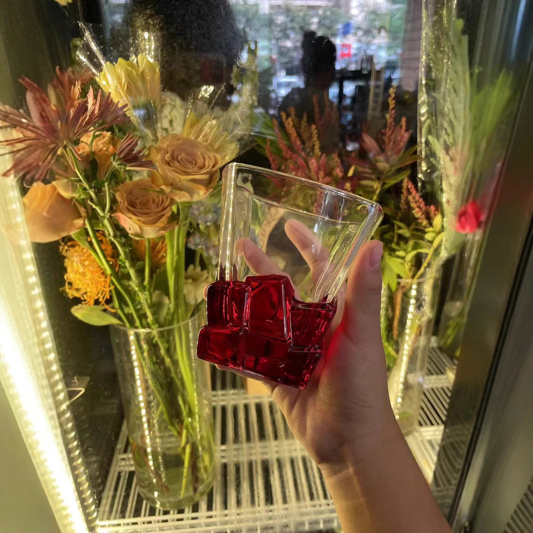 彩绘玫红杯透明玻璃冰块喝水杯女家用威士忌杯办公室咖啡杯杯子