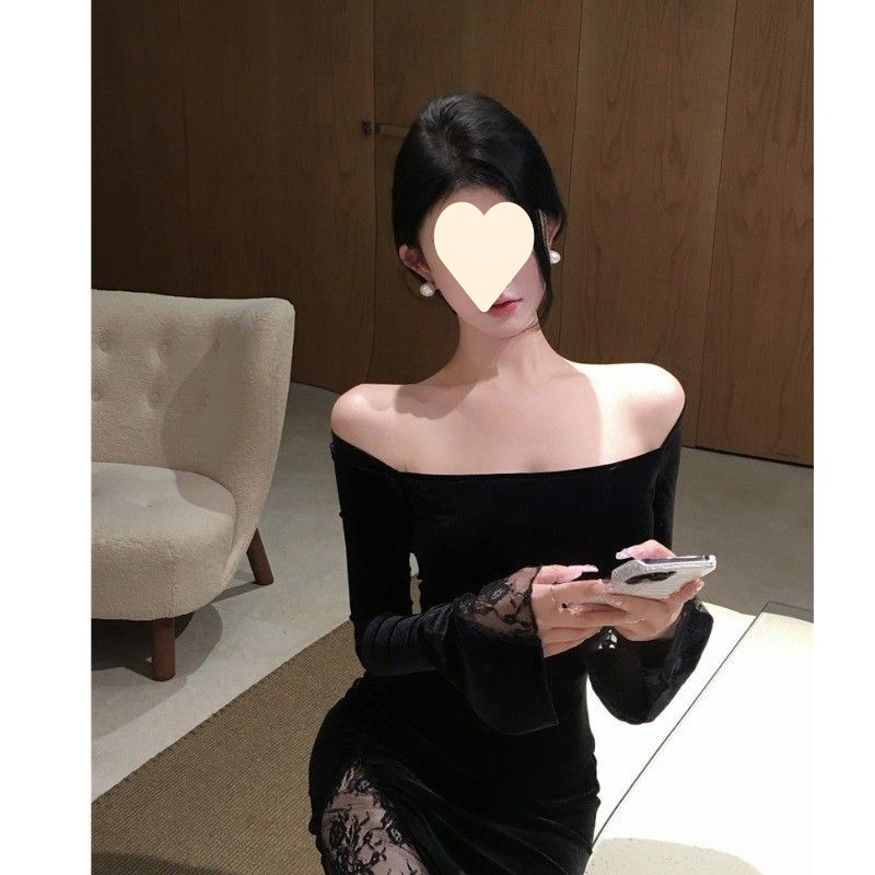 Black Velvet Dress for Women 2026 Autumn and Winter New Style French Style Lace Slit Skirt