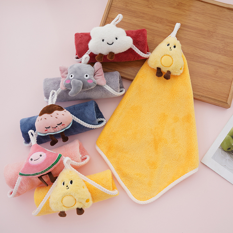 Coral velvet hanging towel cartoon plush hand towel cute thickened water-absorbent lint-free children's square towel wholesale