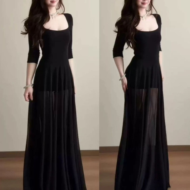 French-Style Black Square-Neck Mesh Dress for Women, New Summer Model, Pure Desire Hot Girl Style, Slim Fit, Hip-Hugging Long Dress French-Style Black Square-Neck Mesh Dress for Women, New Summer Model, Pure Desire Hot Girl Style, Slim Fit, Hip-Hugging Long Dress