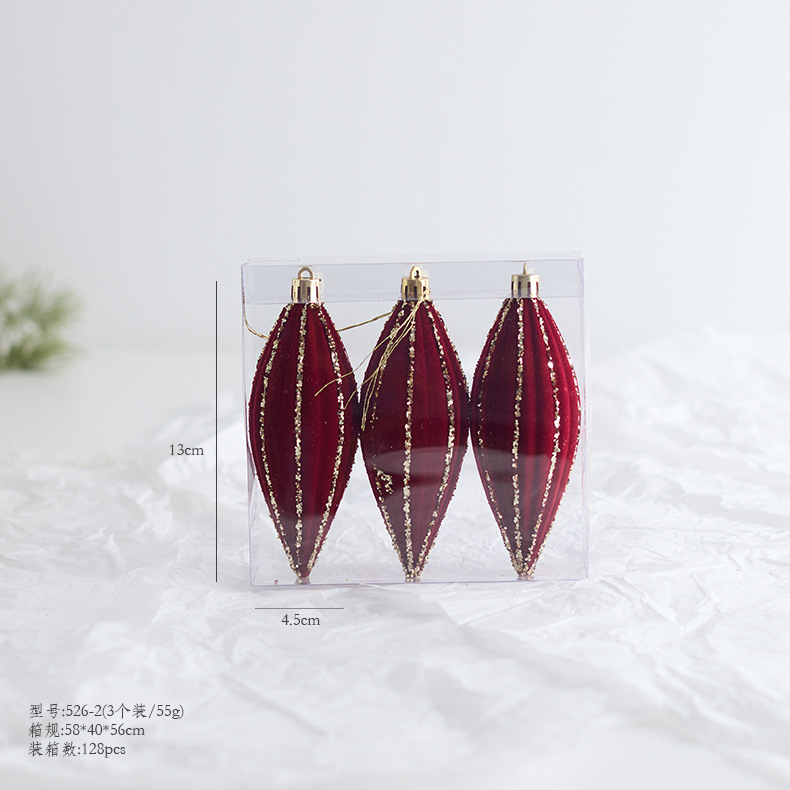 Nuevos productos transfronterizos árbol de Navidad decoración bola colgante rojo oscuro vino rojo floqued bola de Navidad pintada bola de forma diferente