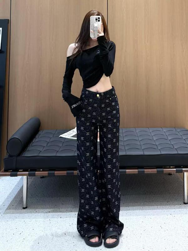 老钱风显气质满印设计感牛仔裤南油高定遮肉显瘦阔腿裤女秋直筒裤|undefined