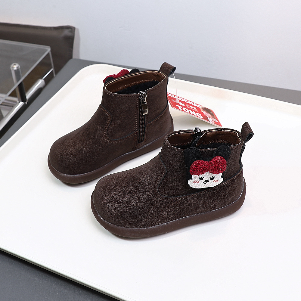 Baby Shoes with Short Plush Lining, Korean-Style Little Girls' Leather Boots, Children's Mid-Calf Martin Boots 3988