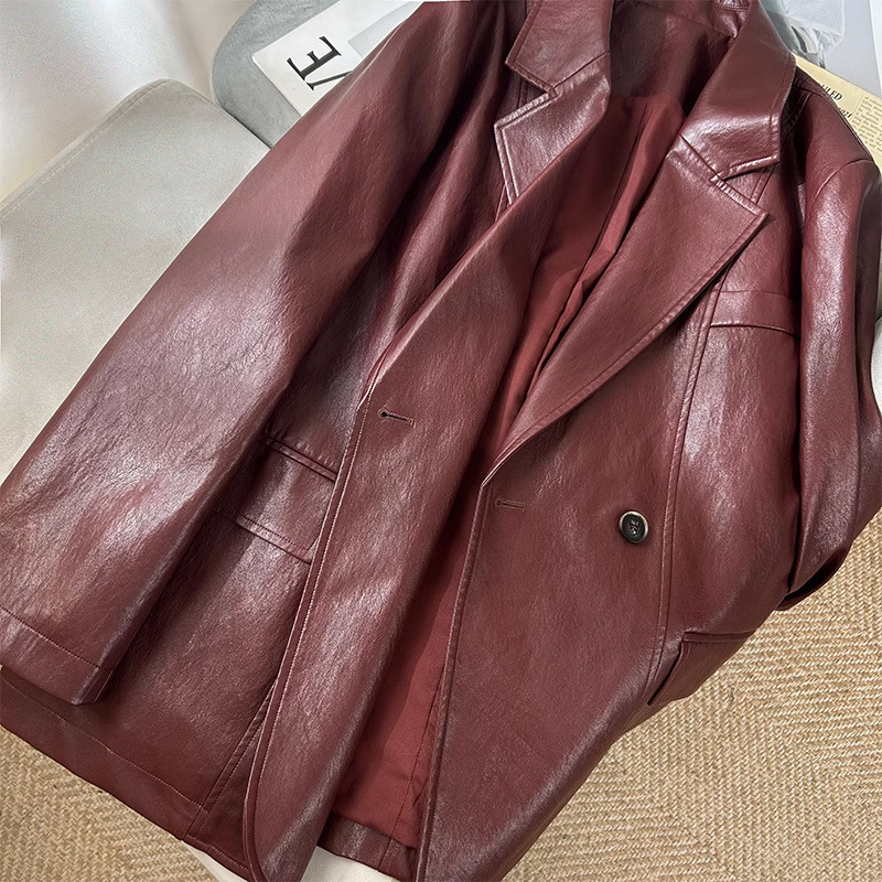 NUNBAI Ancora Red Fried Street Retro PU Leather Suit Spring and Autumn New Loose Hong Kong Style Leather Jacket for Women