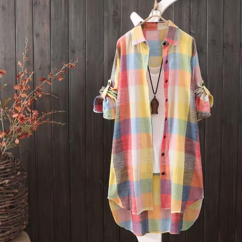 Women's Sun Protection Shirt, Women's Mid-Length Plus Size Women's Loose Slimming Fashion Plaid Shirt, Women's Casual Jacket