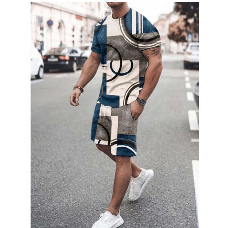 2023 verano transfronterizo camiseta 3D europea y americana manga corta pantalones cortos de dos piezas deportivos casuales para hombres