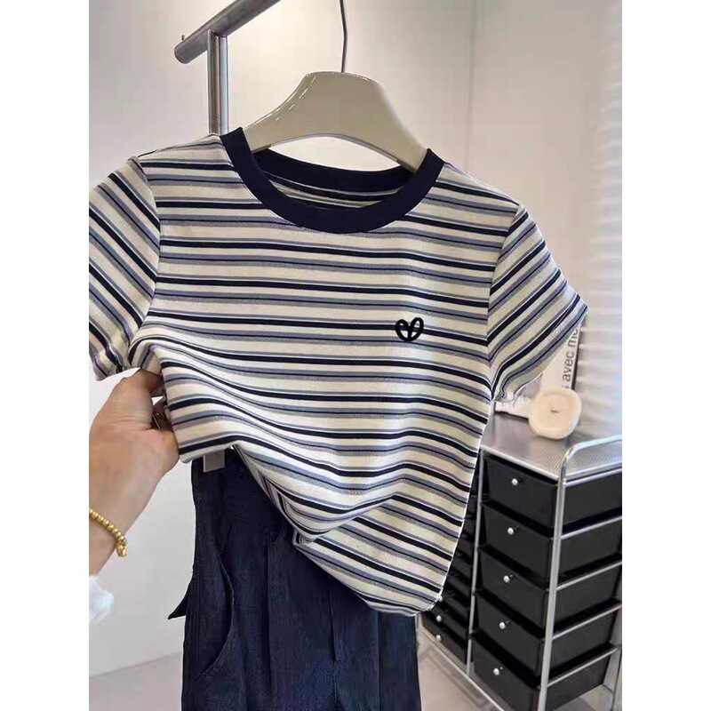 2025 Summer Color-Blocked Cotton Striped Short-Sleeve T-Shirt for Women, Fashionable Versatile Stylish Slim-Fit Top Base Shirt