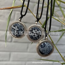 文艺复古双面戴棉麻蜡染蓝染蓝白染掐丝工艺手工项链吊坠文创饰品