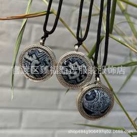 文艺复古双面戴棉麻蜡染蓝染蓝白染掐丝工艺手工项链吊坠文创饰品