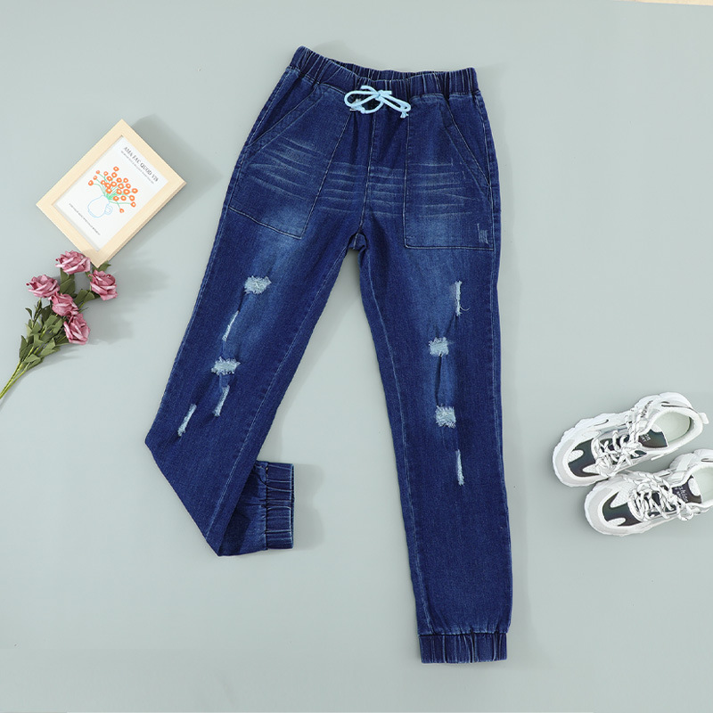 宽松显瘦休闲裤高腰洗水牛仔裤女新款抽绳腰头欧美ins破洞牛仔裤