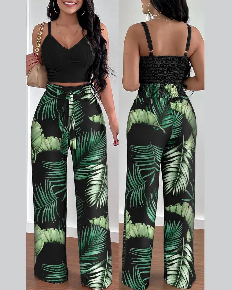 315g Weight Sleeveless Sleeve Length Daily Women's Casual Solid Color Flower Polyester Printing Backless Pant Co-ord Set Pants Sets