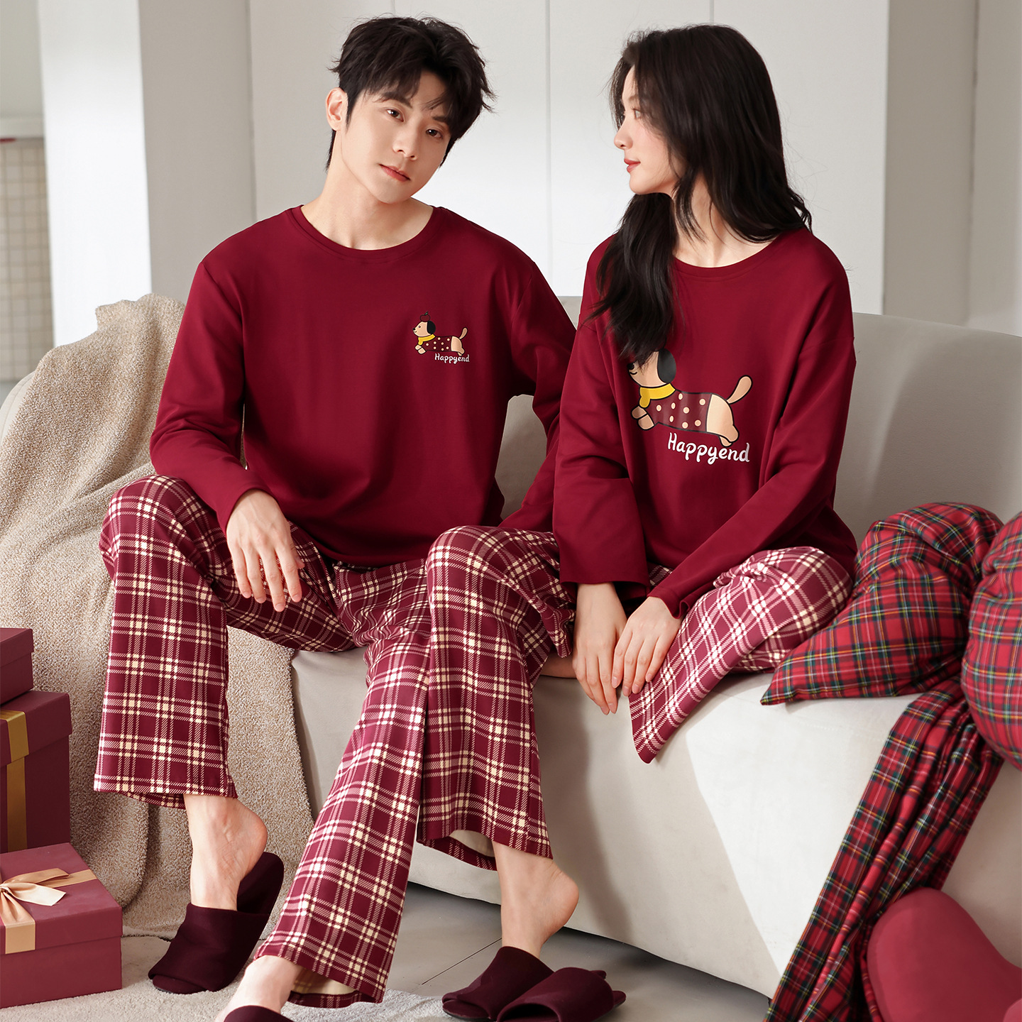 Couple Pajamas Pure Cotton Long-Sleeved Zodiac Year Red Wedding Festive Newlywed Large Size Cartoon Loose Home Clothes Two-Piece Set