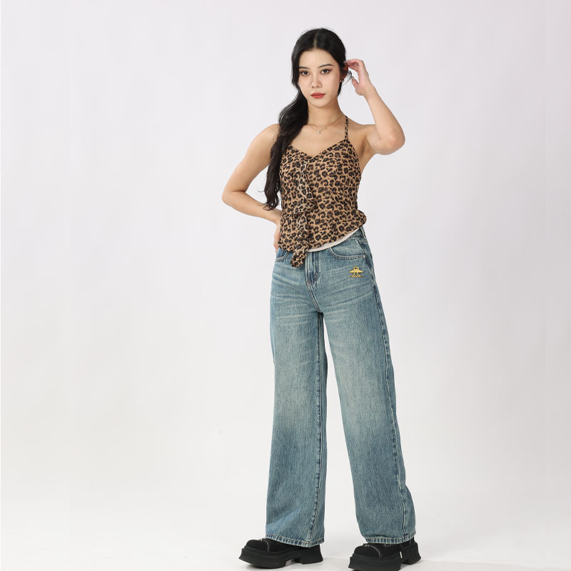 专柜100%新疆纯棉女式牛仔裤欧美风纯色长裤气质通勤2025秋冬新款