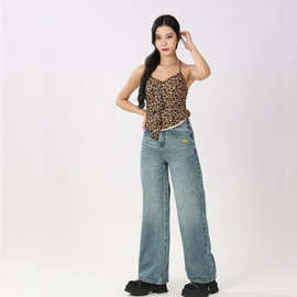 专柜100%新疆纯棉女式牛仔裤欧美风纯色长裤气质通勤2025秋冬新款