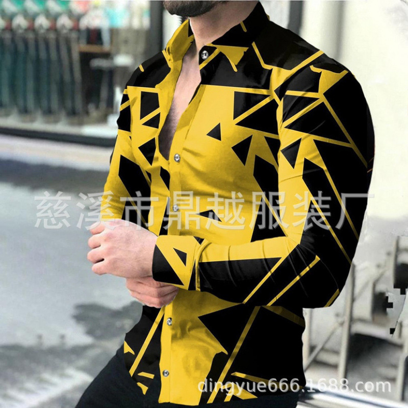 2025欧美男装衬衫秋季长袖翻领衬衫3d印花休闲衬衫男宽松男式衬衣|undefined