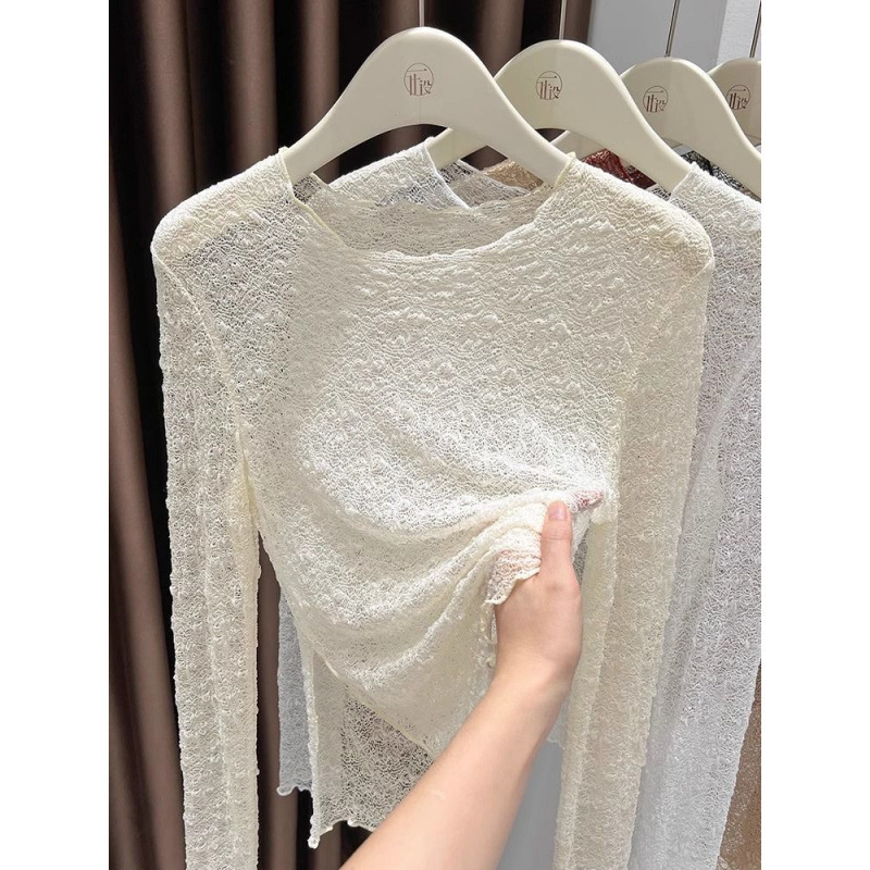 Round Neck Lace Bottoming Shirt for Women 2024 New Autumn and Winter Tulle Inner T-Shirt Cut Out Long-Sleeved Top High-Bottom