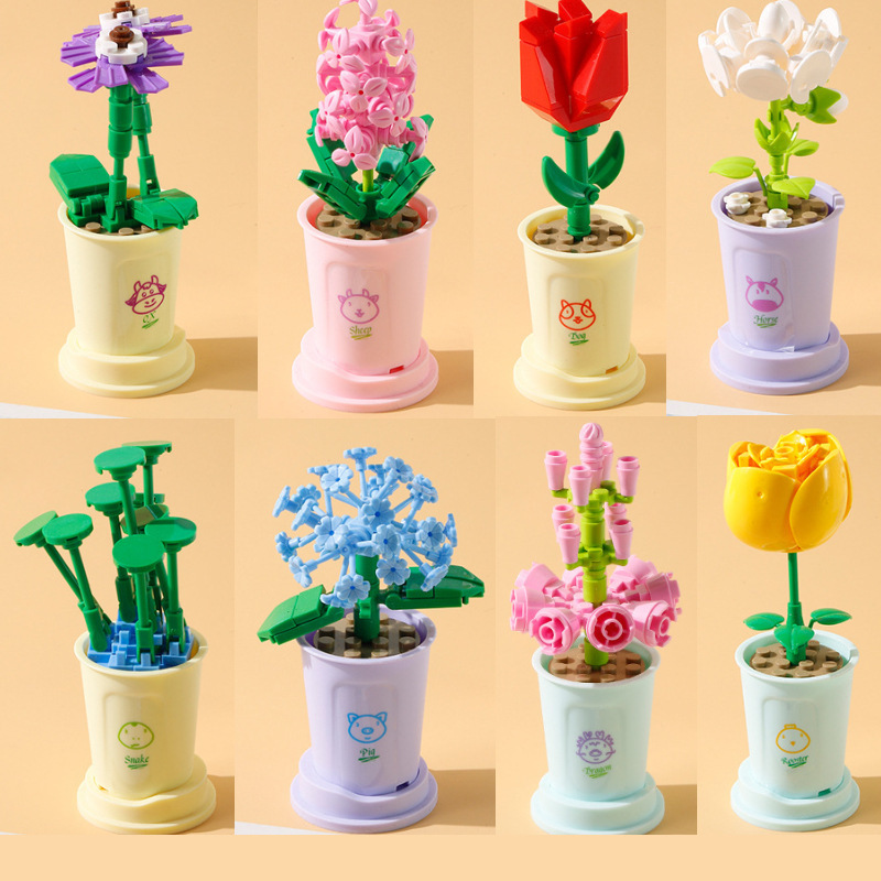 Compatible with Lego Potted Rose Lucky Flower Blocks Bouquet Assembled Ornaments Children's Small Toys Gifts Wholesale