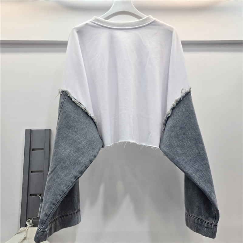 Sudadera de Mezclilla Combinada de Manga Larga con Cuello Redondo
