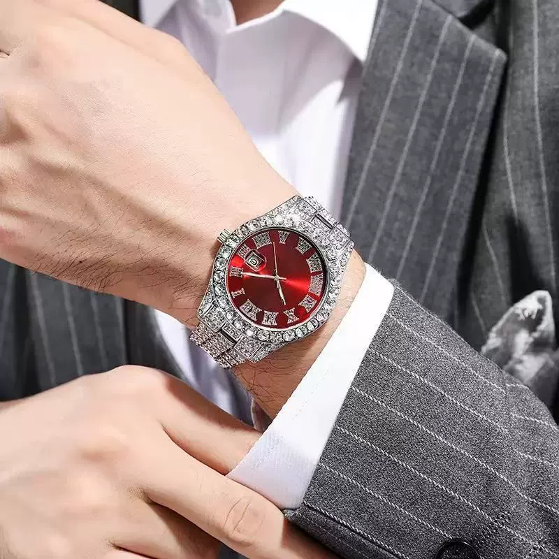 (Cross-border trading), swiss watch, steel belt, diamond quartz calendar hip-hop style, European style