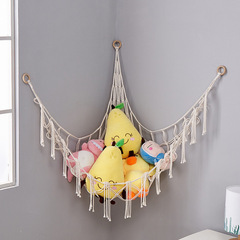 玩具三角网兜 儿童房收纳兜 编织棉绳木珠流苏墙角网兜壁挂吊床