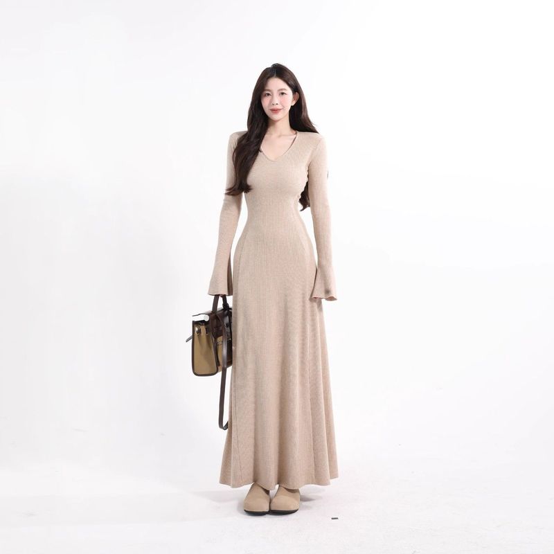 茶香可颂时尚收腰修身秋冬气质针织配大衣的长袖连衣裙女A字长裙|undefined