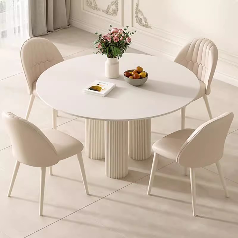 Cream-Style Slate Round Dining Table, Modern Minimalist Pure White French Minimalist Style, Popular Online, Suitable for Small Households