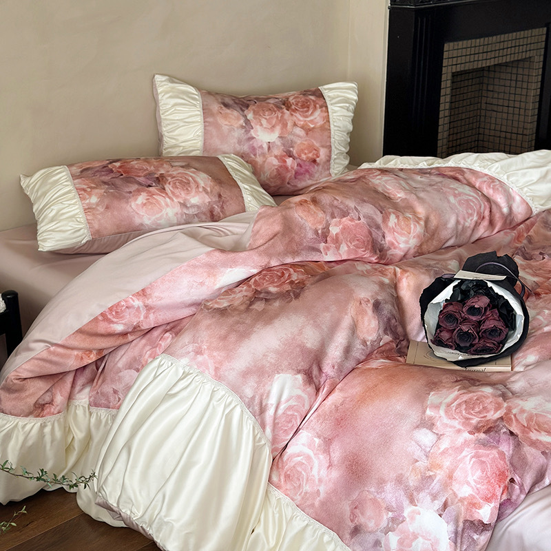 French Spring and Summer Cool-Feeling Tencel Cotton Four-Piece Set with Romantic Rose Print and Pleated Lace Quilt Cover 1.8m Bedding Set