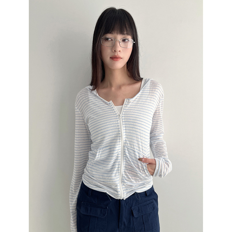 Yuyi's New 2026 Spring Striped Hooded Long-Sleeve T-Shirt, Korean Style Versatile Thin Outerwear Cardigan Top A5503 Yuyi's New 2026 Spring Striped Hooded Long-Sleeve T-Shirt, Korean Style Versatile Thin Outerwear Cardigan Top A5503