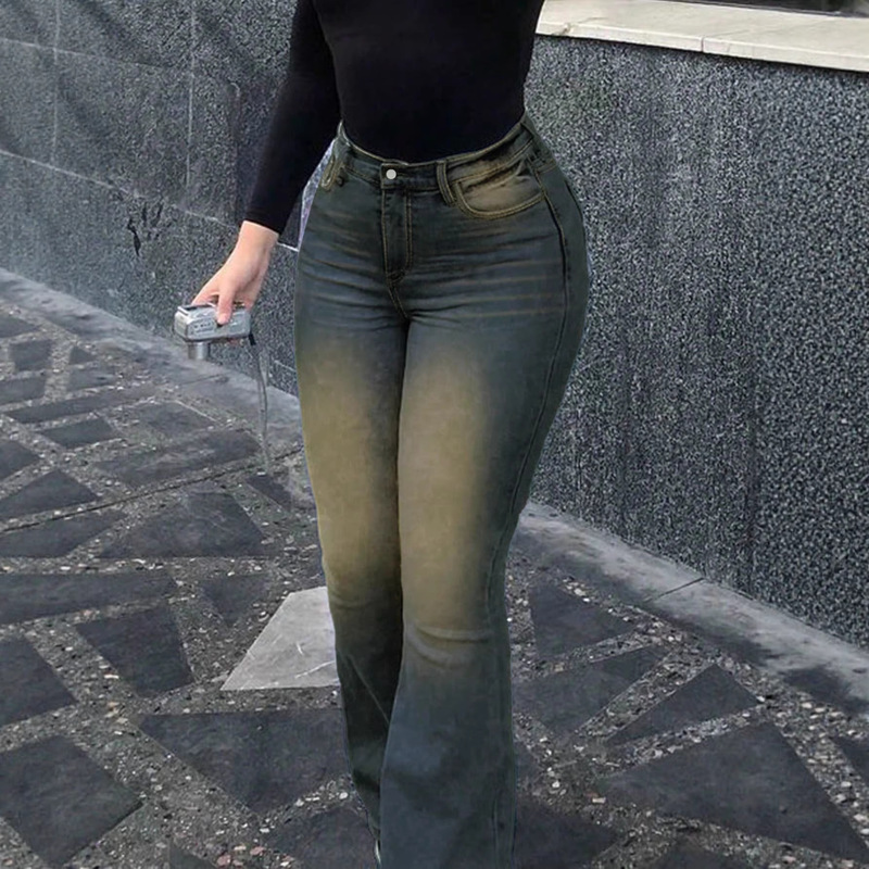 American-Style Mid-Waist Retro Washed Vintage Flared Jeans, Slim Fit, Single Button, Youthful Street Fashion Women's Jeans American-Style Mid-Waist Retro Washed Vintage Flared Jeans, Slim Fit, Single Button, Youthful Street Fashion Women's Jeans