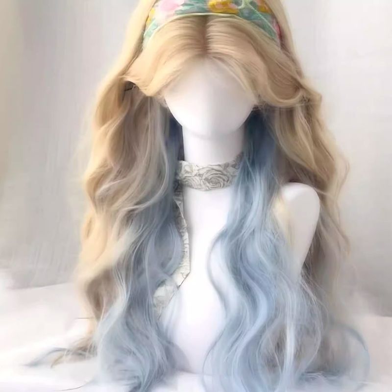フェイクヘア女性チーズシーソルトプラチナグラデーションブルーリアルなナチュラルフルヘッドバンドスタイルビッグウェーブロングカーリーウィッグセット|undefined